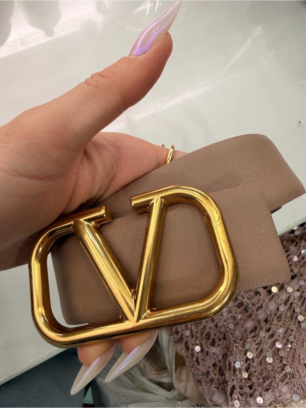 Valentino Gold V Logo Buckle Belt in Taupe